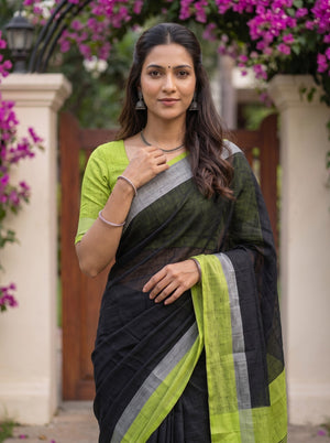 Linen Green Black Colorblock Striped Border Saree