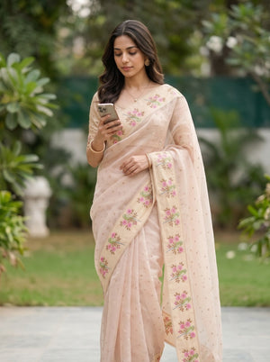 Organza Beige Saree with Cross-Stitch Parrot Floral Border
