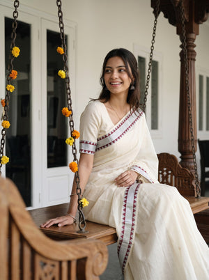 Cotton Cream Plain with Silver Zari Maroon Border Onam Special Kerala Kasavu Saree