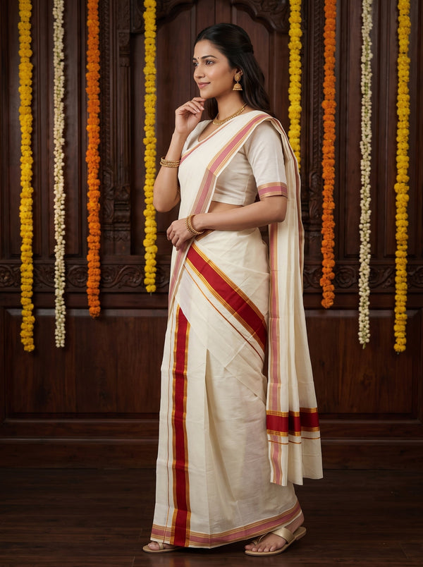 Cotton Cream Red Gold Stripe Border Onam Special Kerala Traditional Set Mundu