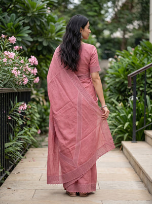 Cotton Linen Coral Pink Saree with Lace Border and V-Shaped Lace Detailing In pallu