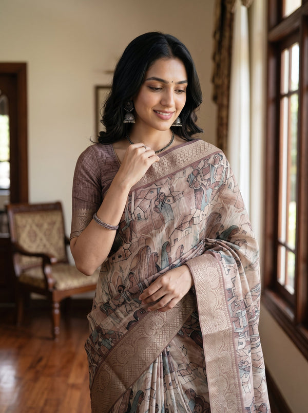 Semi Jute Beige Village Art Print Saree with Gold Border