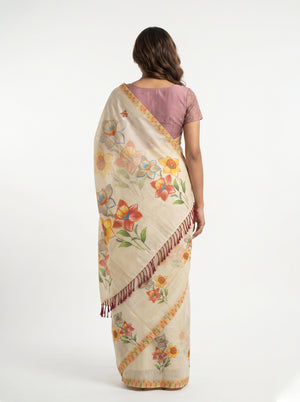 Tissue Silk Cream Printed Floral Set Saree with Diamond Border