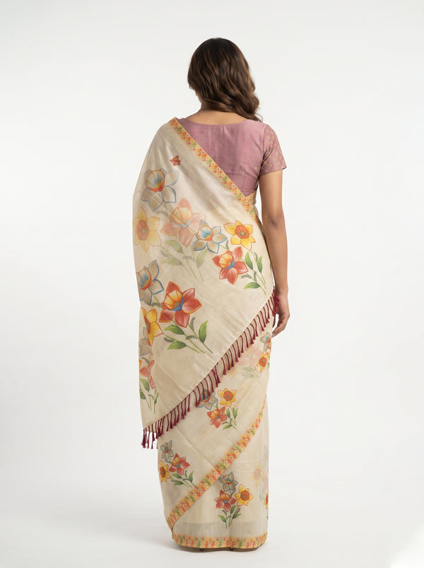 Tissue Silk Cream Printed Floral Set Saree with Diamond Border