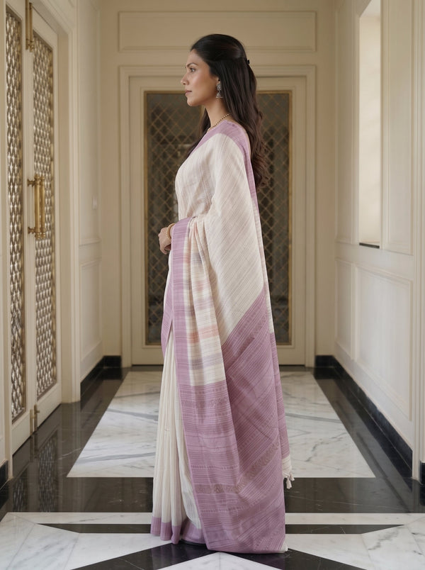 Synthetic Off-White Striped Saree with Lilac Multicolor Border and Blouse Piece