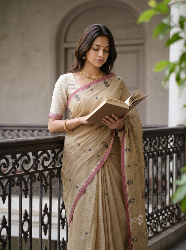 Cotton Sand Beige Floral Jaal Handloom Saree with Tassels