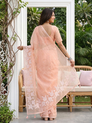 Organza Peach Pink Self-Tone Rose Vine Embroidery Border