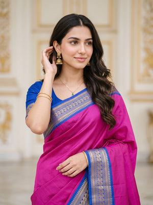 Semi Silk Magenta Pink Golden Pinstripe Saree with Blue Zari Border