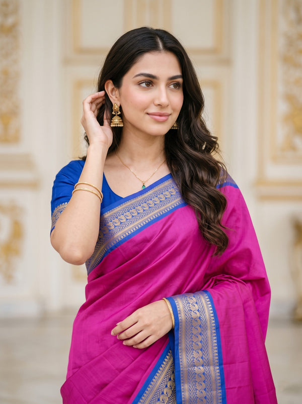 Semi Silk Magenta Pink Golden Pinstripe Saree with Blue Zari Border