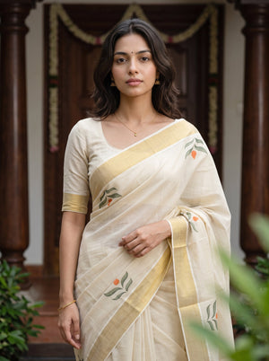Tissue Cream Leaf Motif Wide Gold Border Kerala Kasavu Saree