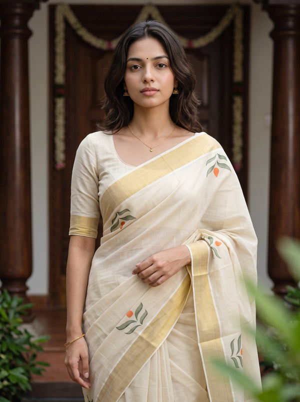 Tissue Cream Leaf Motif Wide Gold Border Kerala Kasavu Saree
