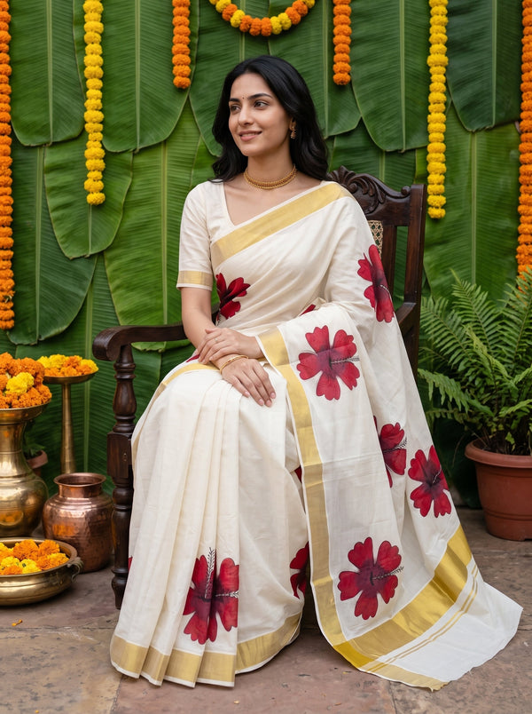 Cotton Cream Red Hibiscus Print Onam Special Kerala Saree
