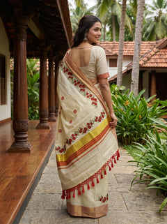Tissue Cream Red Rose Floral Border with Copper Zari Border Onam Special Kerala Saree