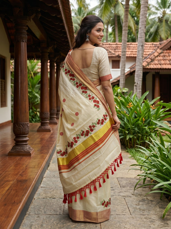 Tissue Cream Red Rose Floral Border with Copper Zari Border Onam Special Kerala Saree