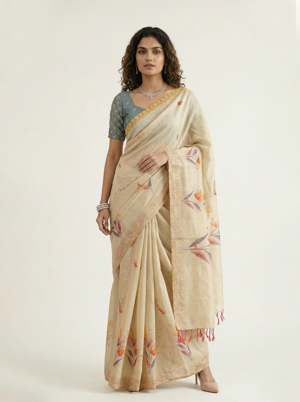 Tissue Silk Cream Watercolor Floral Print Set Saree with Woven Border