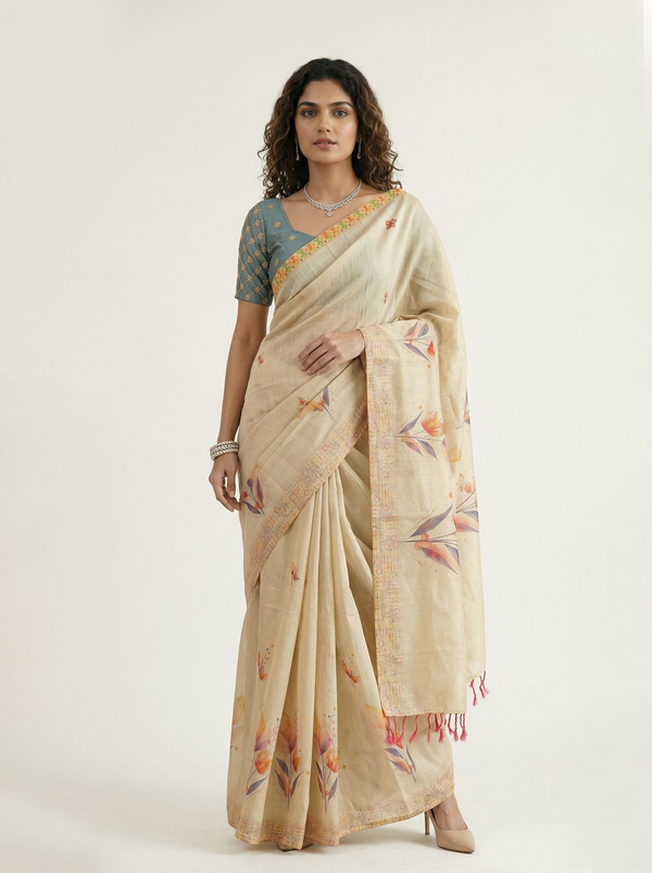 Tissue Silk Cream Watercolor Floral Print Set Saree with Woven Border