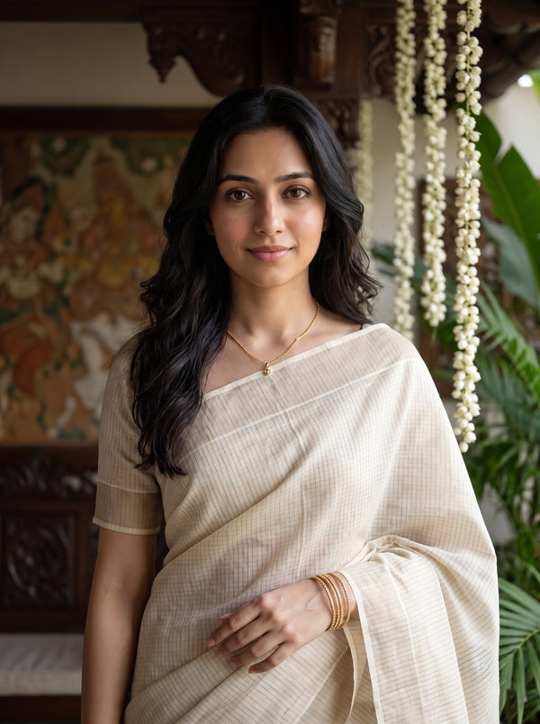 Tissue Cream Pinstripe Saree with Plain Border Onam Special Kerala Saree
