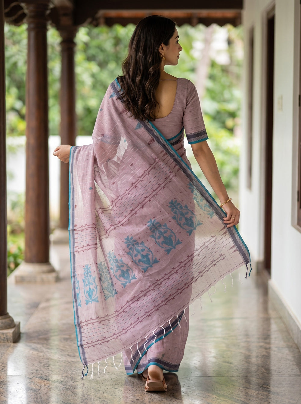 Cotton Mauve Teal Border Handloom Booti Saree with Tassels
