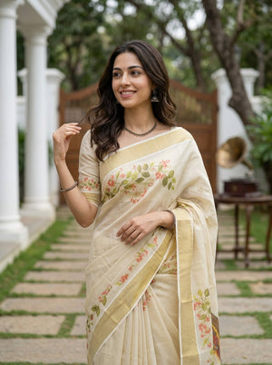 Tissue Cream Floral And vallam Kali Print Pallu Set Saree