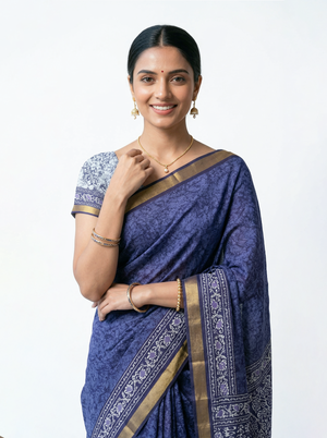 Soft Cotton Navy Blue Batik Print Saree with Zari Floral Border