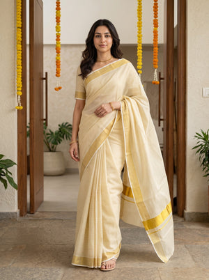 Cotton Cream White Striped Solid Golden Border Onam Kerala Saree