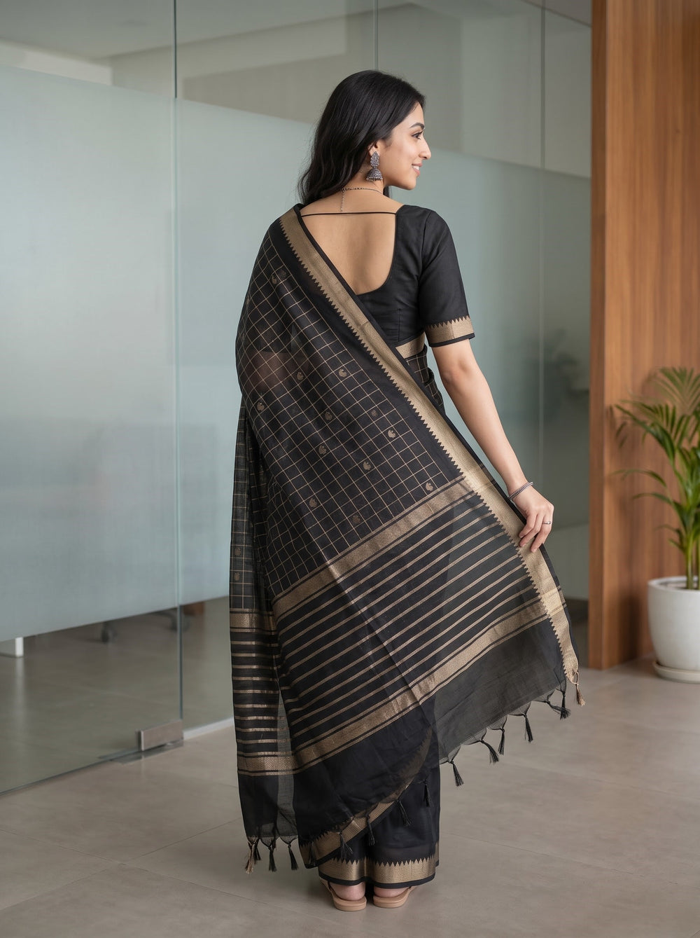 Chanderi Cotton Black Saree with Gold Zari Checks and Butta