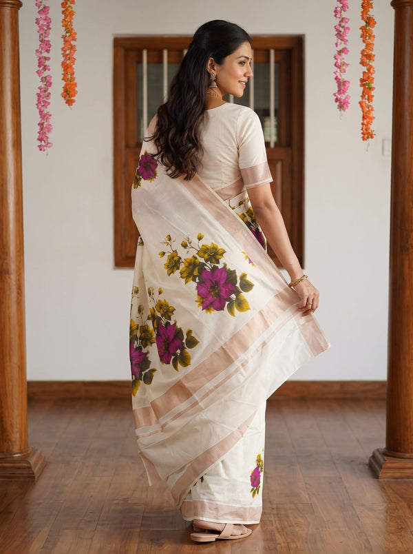 A woman wearing a cream-colored saree with a floral print in purple, green, and yellow, paired with a matching cream blouse, standing in a room with wooden pillars and a wooden floor.
