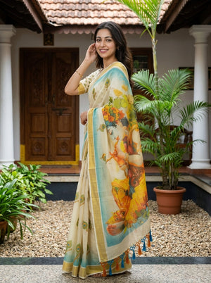 Tissue Cream Peacock Feather Flute Print Border Set Saree with Tassels