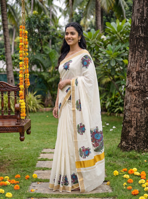Cotton Off-White Multicolor Mural Krishna Print Onam Special Kerala Saree