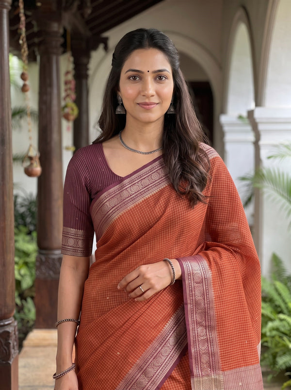 Semi Chanderi Silk Rust Orange Checkered Gold Zari Maroon Border Saree
