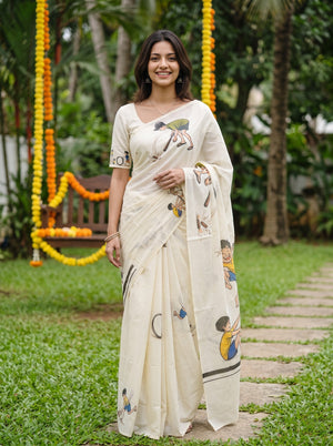 Cotton Cream Kids Playing Games Print Onam Kerala Saree