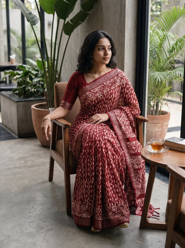 Linen Red White Batik Print Saree with Diamond Border