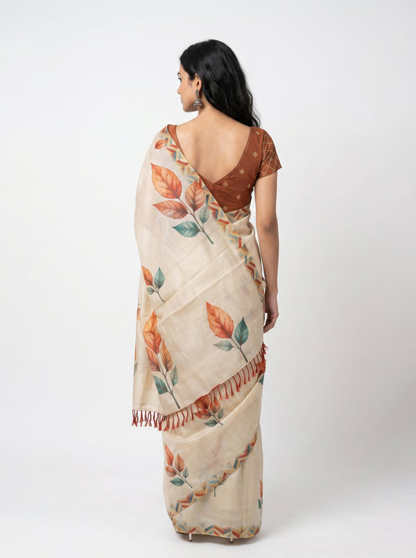Tissue Silk Cream Autumn Leaf Print Set Saree with Chevron Border