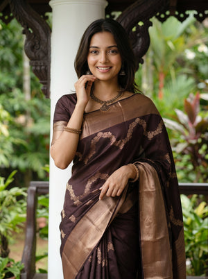 Kanjivaram Silk Dark Brown Floral Wave Pattern Saree with Rose Gold Zari Border