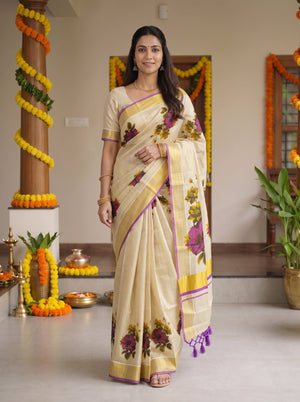 Tissue Cream Printed Floral Onam Special Kerala Saree with Gold Violet Border
