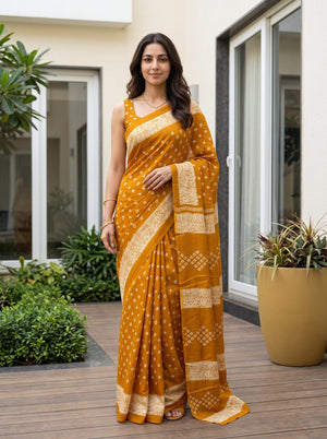 Synthetic Mustard Yellow Square Dot Print Saree
