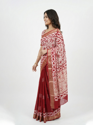 Soft Cotton Maroon Triangle Print Saree with Zari Border