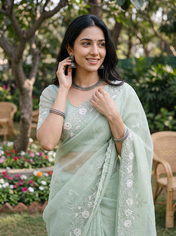 Organza Blue Green Sequin Embellished Saree