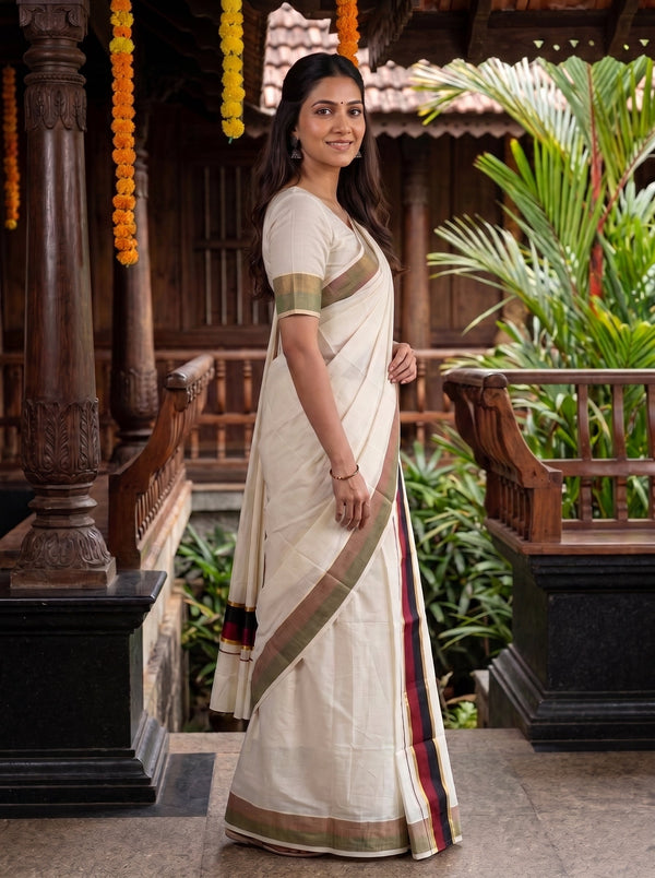 A woman wearing a cream-colored cotton saree with a green, red, and gold border, standing in a traditional wooden courtyard with green plants and orange marigold garlands.