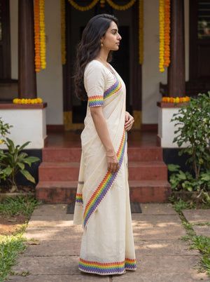 Cotton Cream Rainbow Triangle Border Onam Set Mundu