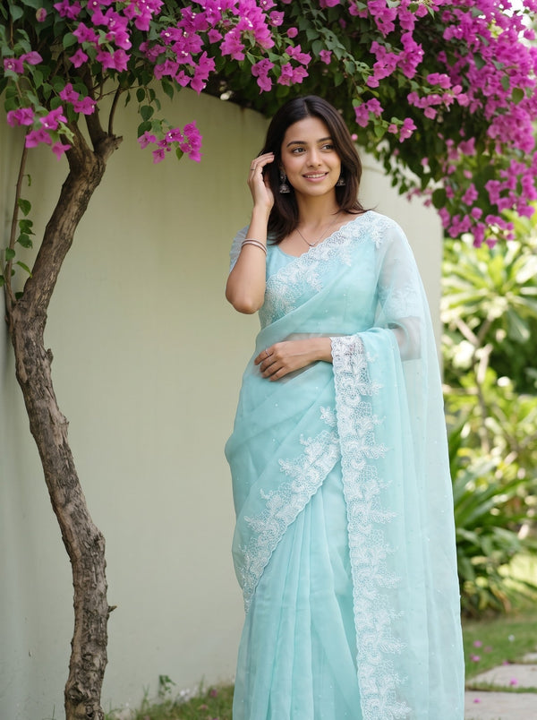 Organza Mint Floral Embroidery Stone Work Border Saree