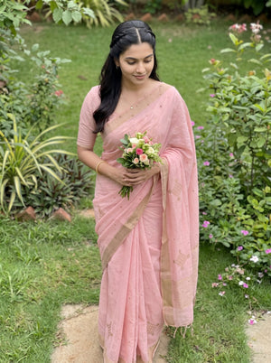 Linen Baby Pink Saree with Golden Bead Diamond Motifs