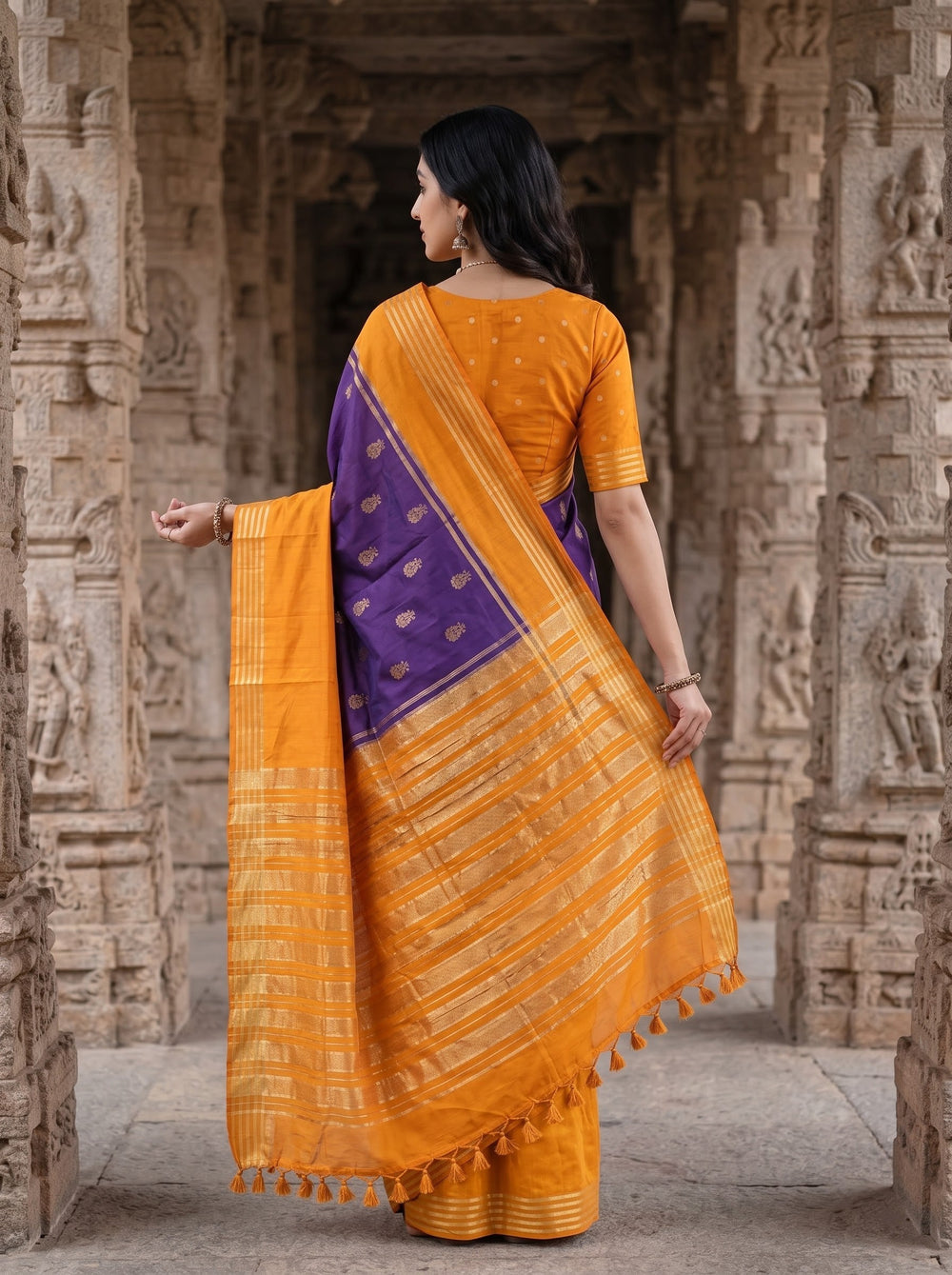 Semi Silk Mustard Orange Purple Contrast Iruthali Pakshi Motif Saree with Tassels