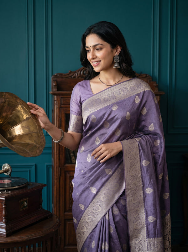 Banarasi Purple Butta Print Saree with Silver Zari Border