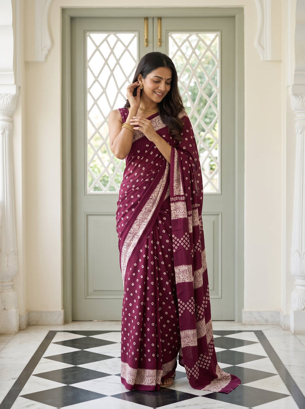 Synthetic Wine Purple Bandhani Print Saree with Diagonal Swirl Border