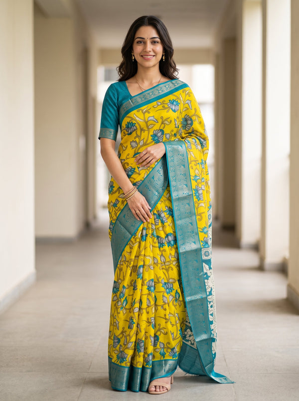Synthetic Yellow Lotus Print Saree with Teal Silver Zari Pallu