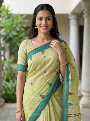 Cotton Lime Green Teal Border Handloom Booti Saree