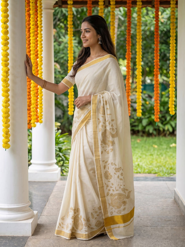 Cotton Cream Golden Peacock Floral Print Onam Special Kerala Saree with Golden Zari Border
