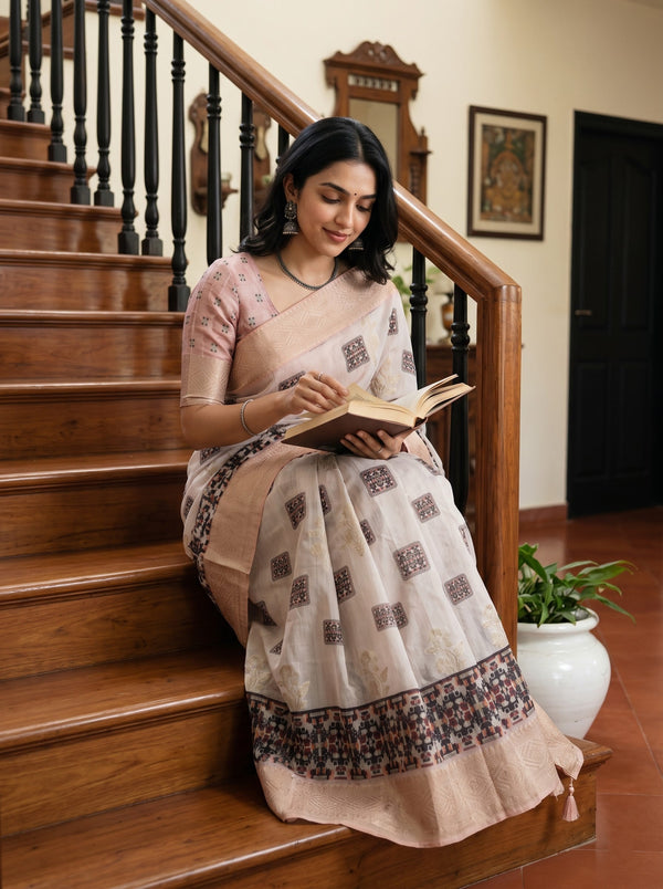 Semi Tussar Off-White Mosaic Print Saree with Peach Border and Tassels