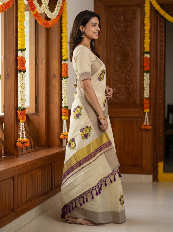 Tissue Cream Yellow Purple Floral Print with Silver Border Onam Special Kerala Saree